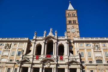 Fototapeta na wymiar Facade and bell tower of Santa Maria Maggiore Basilica in Rome, Italy.