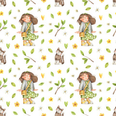 Spring seamless pattern with girl in green dress and cat. Hand-drawn watercolor texture with green leaves and sprigs