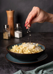 Food photography of pasta, macaroni with cheese, grated parmesan, cheddar, noodles, creamy