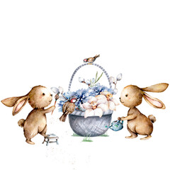 Bunnies with a basket of flowers watercolor illustration. Hello summer cute animals