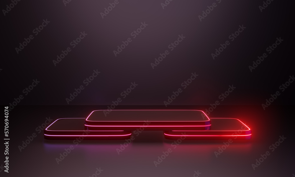 Poster 3 step red futuristic pedestal for display. blank round square podium for product. 3d rendering illu