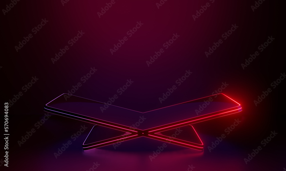 Poster x shape red futuristic pedestal for display. blank round square podium for product. 3d rendering ill