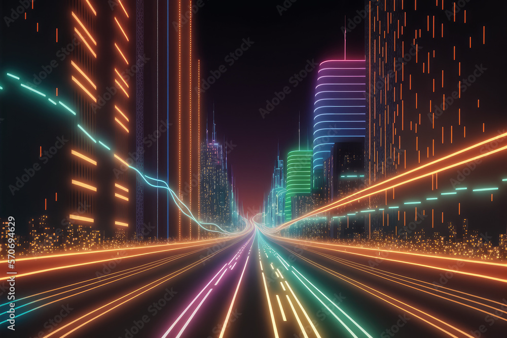 Poster abstract highway path through digital smart city graphic design. peculiar ai generative image.