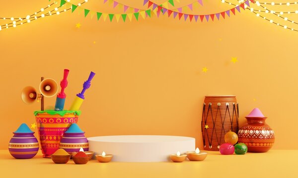 Indian festival Holi elements. Holi decoration elements. colorful trendy banner. 3d rendering in yellow background