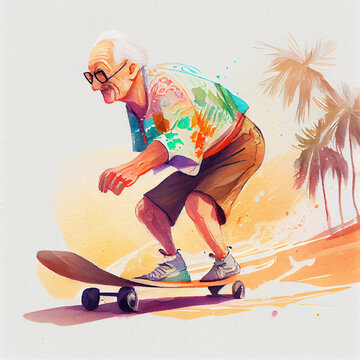 elderly man, skateboarding