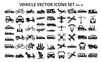 Vehicle vector icons set, black on white background