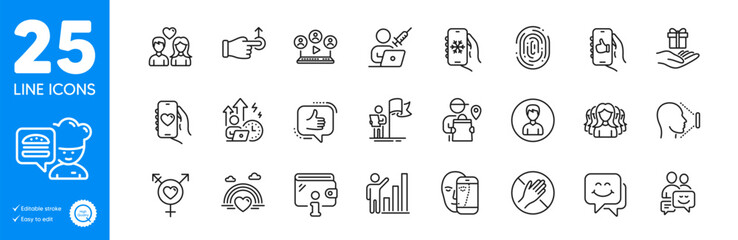 Outline icons set. Lgbt, Graph chart and Fingerprint icons. Video conference, Communication, Genders web elements. Dating app, Leadership, Couple love signs. Difficult stress, Person, Like app. Vector