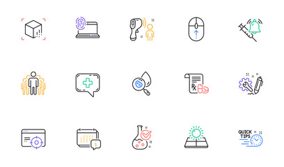Augmented reality, Vaccine announcement and Computer fingerprint line icons for website, printing. Collection of Medical chat, Chemistry lab, Swipe up icons. Seo targeting, Engineering. Vector