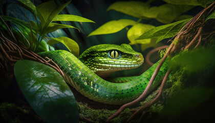 Fototapeta premium Close-up serpiente verde en la jungla, creada con IA generativa
