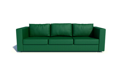 Green sofa on a white background.
The sofa is isolated on a white background. Upholstered furniture with fabric upholstery. 3d render illustration mock up.
