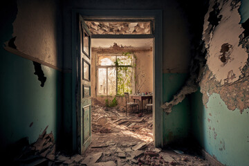 Casa abandonada destruida por la naturaleza, luz natural, creada con IA generativa