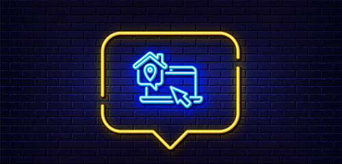 Neon light speech bubble. Work at home line icon. Freelance job sign. Remote office employee symbol. Neon light background. Work home glow line. Brick wall banner. Vector