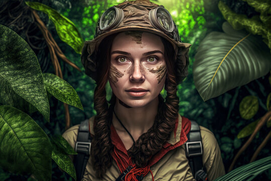 Fotógrafa de naturaleza en la jungla, misión científica, creado con IA generativa