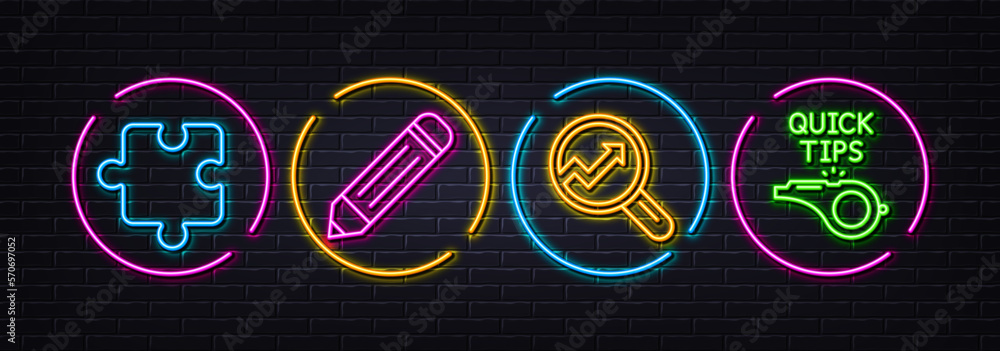 Poster analytics, pencil and puzzle minimal line icons. neon laser 3d lights. tutorials icons. for web, app