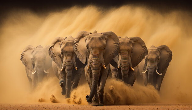 Manada de elefantes huyendo de un tormenta de arena, creada con IA generativa