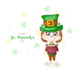 Greeting card with a bunny and a pot of gold for St. Patrick's Day