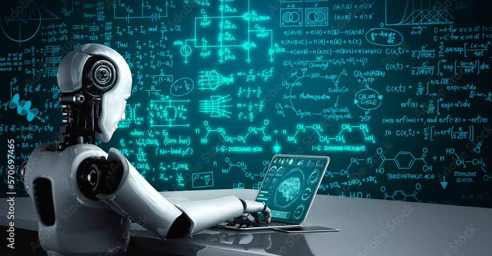 Aufkleber robot hominoid use laptop and sit at table for engineering science studying using ai thinking brain 