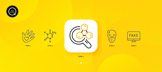 Fake news, Chemistry lab and Chemical formula minimal line icons. Yellow abstract background. Social responsibility, Sick man icons. For web, application, printing. Vector