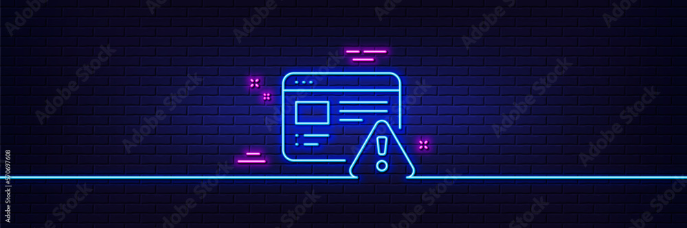 Poster neon light glow effect. internet warning line icon. attention triangle sign. caution alert symbol. 3