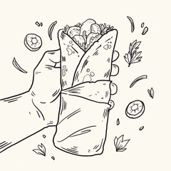 Hand Holding Burrito – Black and White Line Art Illustration