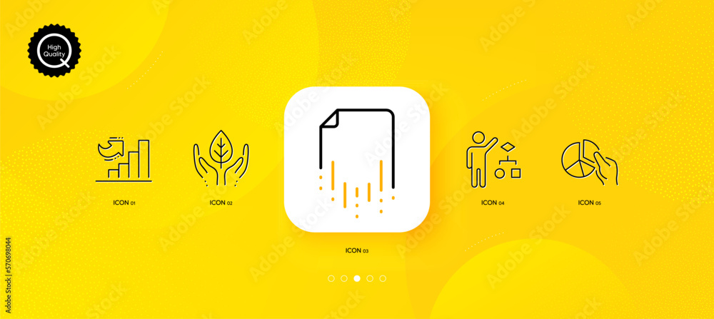 Aufkleber pie chart, recovery file and fair trade minimal line icons. yellow abstract background. growth chart