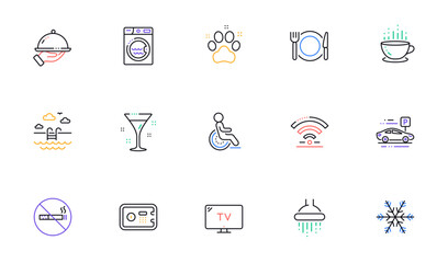 Hotel service line icons. Wi-Fi, Air conditioning and Washing machine. Pets, swimming pool and hotel parking icons. Linear set. Bicolor outline web elements. Vector