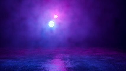 Blue And Purple Illuminated Neon Spheres In Thick Smoke, Glowing Futuristic Scene, Abstract Design, Sci-Fi Tomorrow Aesthetic Background With Elements For Banners, Posters. 3D Fashion Render Design - 570698099