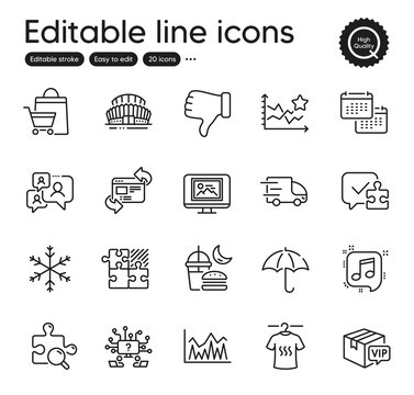 Set of Business outline icons. Contains icons as Musical note, Support chat and Investment elements. Puzzle, Snowflake, Dislike hand web signs. Truck delivery, Search puzzle. Vector