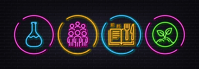 Chemistry lab, Group people and Recipe book minimal line icons. Neon laser 3d lights. Startup icons. For web, application, printing. Laboratory, Business meeting, Food. Launch project. Vector