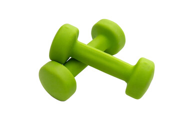 Green-colored dumbbells for fitness, isolated, transparent background, PNG.
