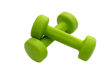 Green-colored dumbbells for fitness, isolated, transparent background, PNG.