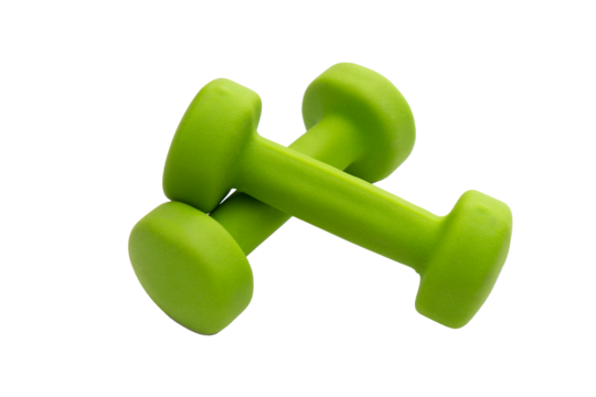 Green-colored dumbbells for fitness, isolated, transparent background, PNG.