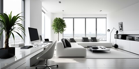Fototapeta premium Modern living room with computer, generative ai