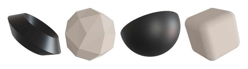 Set of stylish 3d geometric shapes, on transparent background. Black, beige colors. Trendy design elements. Cut out objects. 3D rendering.