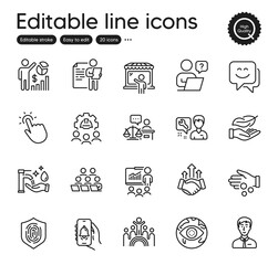 Set of People outline icons. Contains icons as Repairman, Court judge and Washing hands elements. Lightweight, Presentation, Teamwork web signs. Businessman person, Cyber attack. Vector