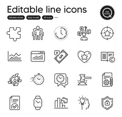 Set of Education outline icons. Contains icons as Clock, Idea and Star target elements. Documentation, Rejected payment, Approved document web signs. Group, Ranking star. Outline clock icon. Vector
