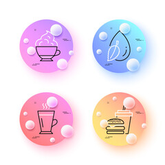 Water drop, Hamburger and Latte minimal line icons. 3d spheres or balls buttons. Cappuccino cream icons. For web, application, printing. Mint leaf, Burger with drink, Tea glass mug. Vector