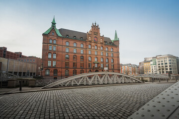 Kannengiesserortbrucke bridge at Speicherstadt warehouse district - Hamburg, Germany