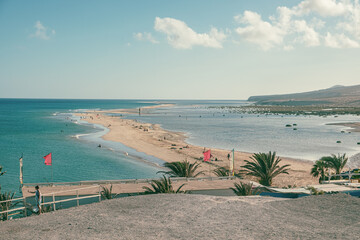 Fototapeta premium Fuerteventura Spain. September 16, 2022. Aerial view of the lagoon at Sotavento beach in Fuerteventura, Canary Islands, Spain