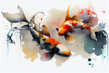Watercolor illustration of Koi fish on white background. Generative AI.