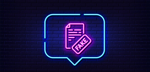 Neon light speech bubble. Fake news line icon. Propaganda conspiracy document sign. Wrong truth symbol. Neon light background. Fake news glow line. Brick wall banner. Vector