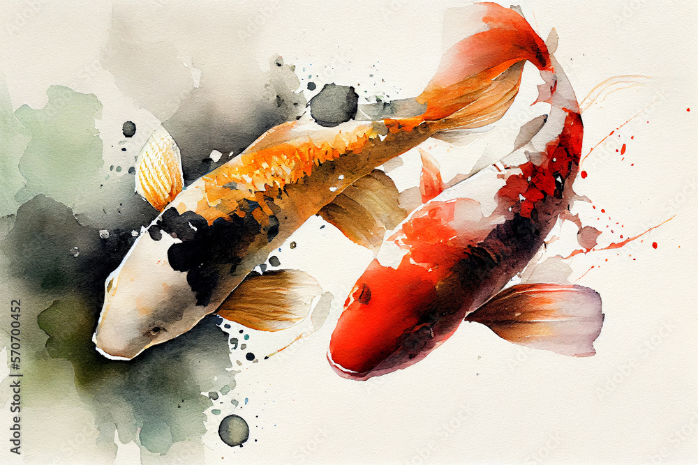 Wall mural Watercolor illustration of Koi fish on white background with a dark color splash. Generative AI.