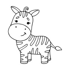 Linear sketch, coloring of a small cute animal of the African savannah, zebra. Vector graphics.