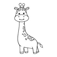 Linear sketch, coloring of a small cute animal of the African savannah, the giraffe. Vector graphics.