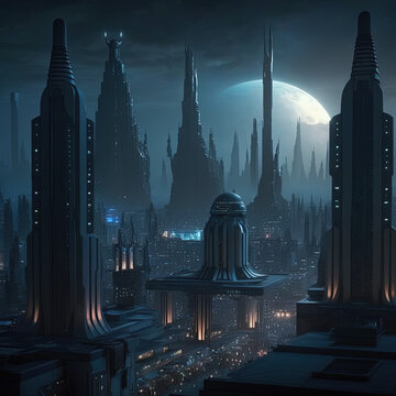 Coruscant city at night, concept illustration

