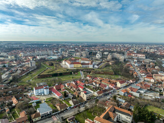 Fototapeta na wymiar Aerial view of Oradea, Nagyvarad castle , pentagonal fortress with pointed bastions in Romania 