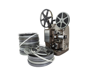 Vintage movie film reels and projector isolated with cut out background.