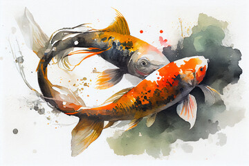 Watercolor illustration of Koi Carp fish on white background with a dark color splash. Generative AI.