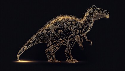 Minimalist gold lines dinosaur, art, black background