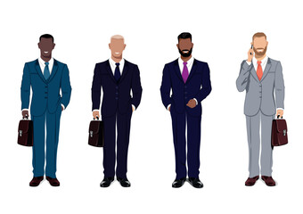 Vector set of four businessmen of different nationalities on a white background. A businessman in a suit, tie and with a briefcase came to a business meeting, seminar or work in the office.